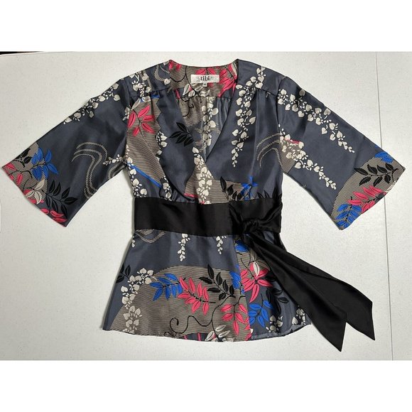 TIBI Gray Silk Printed V-neck Blouse Sash Tie Closure Floral Wrap Kimono XS‎ - Picture 1 of 6